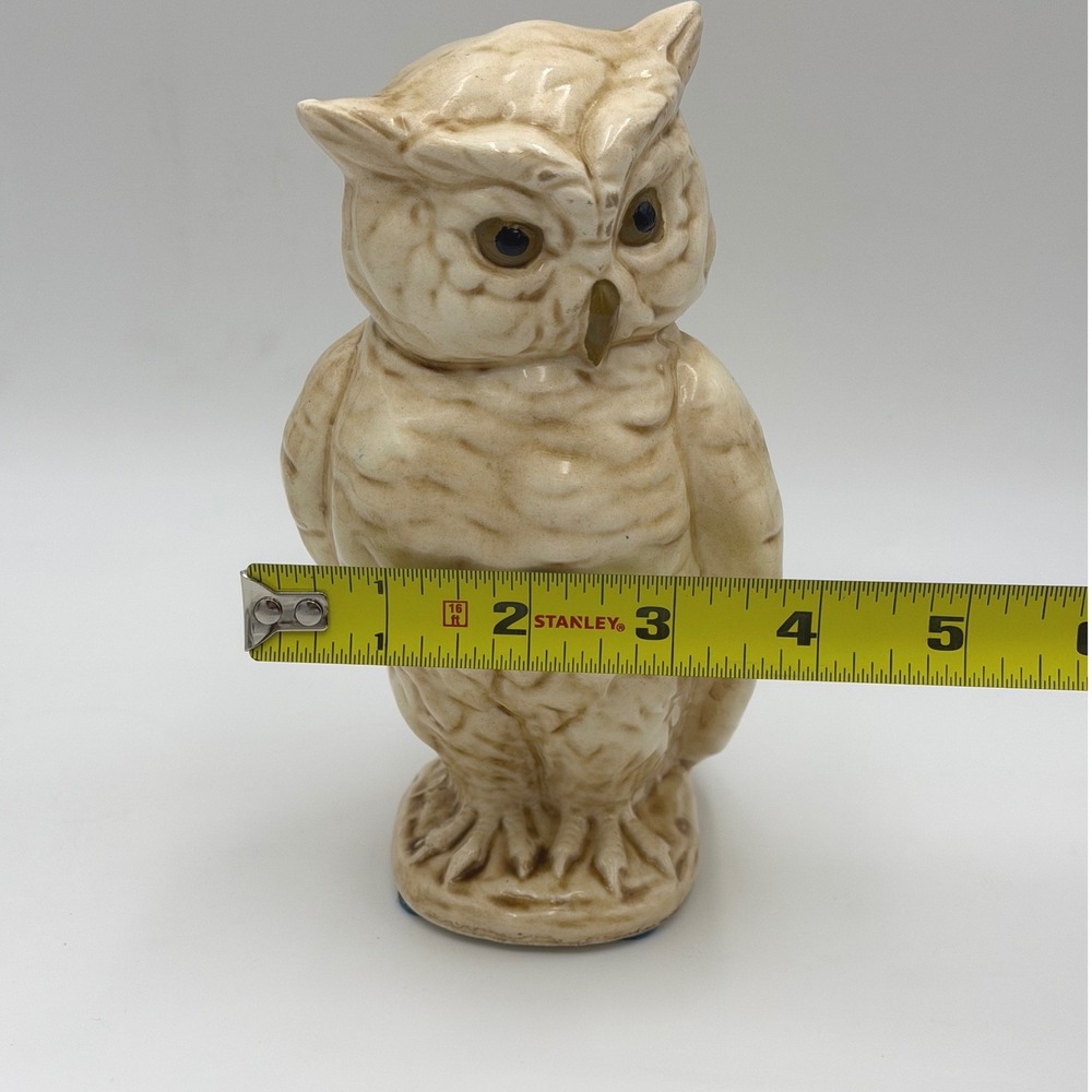 Vtg MCM Ceramic Horned Owl Figurine Cream Brown Glaze Home Decor Accent 7" Core - Picture 6 of 6